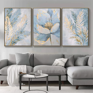 Dipinti a Mano su 3 Pannelli con Fiori <span class=keywords><strong>Blu</strong></span> Chiaro, Arte Astratta con Texture Dorata, Decorazione Moderna per Soggiorno - Product Image 3
