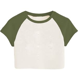 Camiseta recortada de ropa de gimnasio de buena calidad con logotipo personalizado, camiseta de manga raglán para mujer, camisetas cortas de manga corta en contraste para mujer, camisetas - Product Image 4