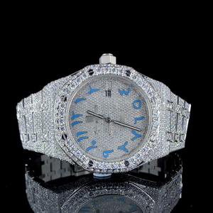 Montre VVS automatique de luxe en acier inoxydable ton argent en édition limitée Full Iced 41mm Moissanite Diamond Blue Arabic Indices - Product Image 1
