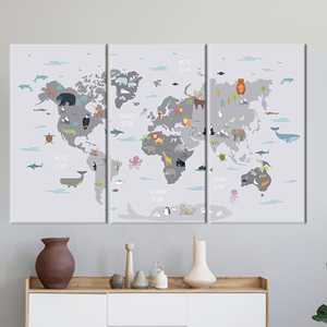 Mapa del mundo elegante con animales impresos en lienzo para niños, 3P: Gallery Wrapped - Product Image 1