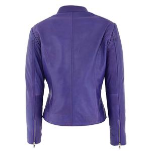Veste de motard en cuir d'agneau véritable pour femme, violette, surdimensionnée, manteau d'hiver pour moto avec doublure en laine et fermeture à boutons - Product Image 4