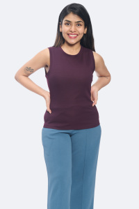 Débardeur sans manches côtelé à la mode pour les femmes en mélange de polyester couleur vin col rond tricot extensible idéal pour la superposition d'un usage quotidien - Product Image 5