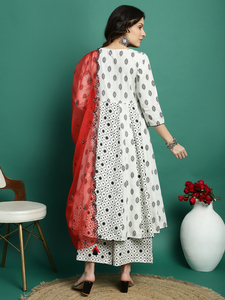 Magnifique Kurta indienne brodée à col en V droit et manches trois quarts, coupe évasée, pour femme, avec pantalon Palazzo assorti - Product Image 3