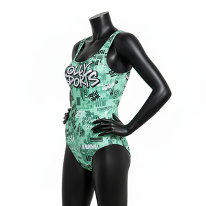Maillot de bain femme 240 GSM polyester élasthanne vert menthe imprimé graffiti une pièce avec logo personnalisé - Product Image 5