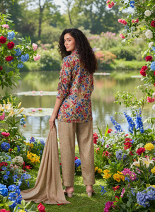 Ensemble coordonné élégant à imprimé floral pour femmes, kurta ethnique contemporain à coupe asymétrique, pantalon assorti, écharpe, tenue de soirée, polyester, séchage rapide - Product Image 3