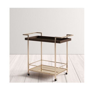 Chariot de bar en métal de style campagnard avec porte-bouteilles, étagères en bois et roulettes pour la cuisine, la salle à manger, le salon et le service de fête - Product Image 4