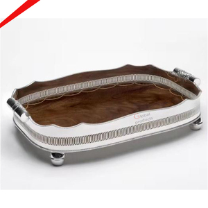 ถาดเสิร์ฟพร้อมที่จับรูปใบไม้สีทองดีไซน์ทุบทำจากเงินคุณภาพดีระดับพรีเมียม - Product Image 2