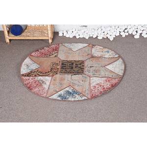 พรมตุรกีโบราณโบฮีเมียนเป็นมิตรกับสิ่งแวดล้อมสีเบจสีแดง3.3x3.3ฟุตพื้นที่ขนาดใหญ่ผ้าขนสัตว์เย็บปะติดปะต่อกันทำจากยางรองรูปไข่ห้องโถงห้อง - Product Image 1