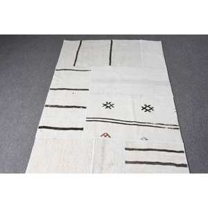 Modern Vintage Turkish Rug <b>White</b> Black 3 X 18.1ft Large Area Classic Rectangle Patchwork Design <b>Wool</b> Latex for Teenagers Hallway - Product Image 3