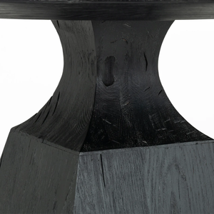 Mesa de Comedor Moderna con Base de Pedestal en Forma de Campana, Acabado Negro con Cepillado para Mayor Textura, Tapa Redonda de Mármol y Madera de Teca Sólida - Product Image 6