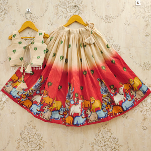 Shoryam Fashion Lehenga Choli rouge en polyester imprimé Kamdhenu, longueur ras du sol, pour filles, tenue de fête, Diwali, mariages, vêtements ethniques, recyclé - Product Image 4