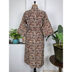 Bata de Casa Boho de Algodón Puro, Vestido de Verano con Estampado Indio Hecho a Mano, Diseño Paisley Persa, Rojo Beige, Talla King, Lujosa, Suave, para Playa, Vacaciones, Yate - Product Image 5