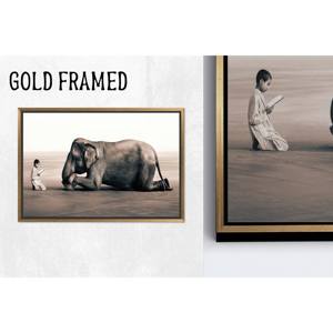Impression sur toile Éléphant et garçon lisant : Décoration graphique surréaliste, 1P Goldframedcanvas - Product Image 1