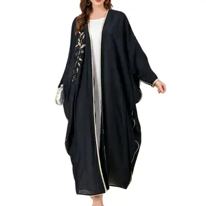 2024デザインイードドバイトルコイスラムエレガントなカスタマイズされた女性イスラム教徒のドレスアバヤ着物サテンシルクオープンカフタンアバヤ女性用