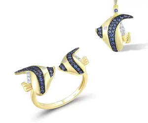 SANTUZZA Handmade Blue Angel Fish 925 Sterling Silver w/ Yellow Black White Plating Ring with Cubic Zirconia R312825BZZSZ925