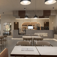 Ensemble de mobilier de café minimaliste et chaleureux avec éclairage mural circulaire en laiton, chaise en métal, et package clé en main pour la conception intérieure d'un café.