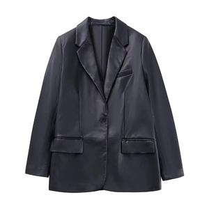Vintage Ladies Outerwear Cow Skin <b>Leather</b> Casual <b>Blazer</b> With Long Sleeve and Patch Pocket Bonded Processing - Product Image 1