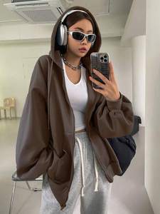 แจ็กเก็ตผ้าฝ้ายขนแกะมีซิปสีน้ำตาลโอเวอร์ไซส์สำหรับผู้หญิงมีฮู้ดแบบหลวมพอดีไหล่ปล่อยแบบลำลองสำหรับฤดูหนาว - Product Image 3