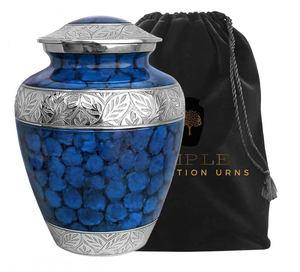 โกศโลหะประดับทำด้วยมือใส่เถ้ากระดูกสีฟ้าและเงินสำหรับใส่เถ้ากระดูกสำหรับใส่เถ้ากระดูกพร้อมสลักรูปใบไม้สำหรับงานศพผู้ใหญ่ - Product Image 1