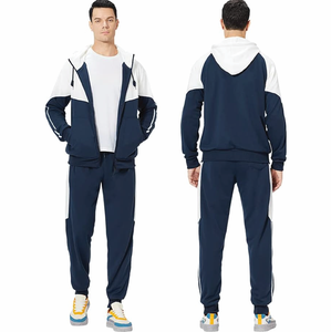 Ensemble de survêtement athlétique décontracté 2 pièces pour homme, personnalisé OEM, léger, en coton/polyester/spandex, avec sweat à capuche et pantalon de survêtement color block - Product Image 3