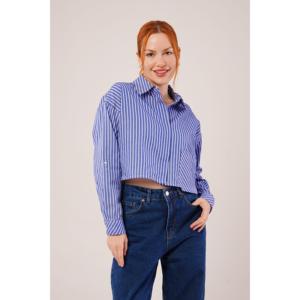 Camisa Azul a Rayas con Bolsillos para Mujer, Modelo Corto LUSTRIN - Blusa Casual Elegante de Mezcla de Algodón para Venta al Por Mayor - Product Image 1