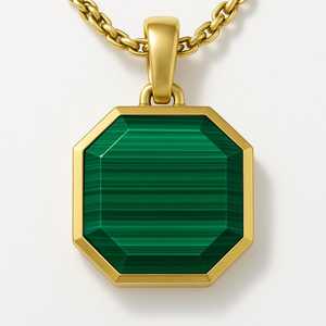 Pendentif unisexe en or 14 carats avec cabochon en malachite plaqué or et rhodium et lunette pour cadeau d'anniversaire - Product Image 1