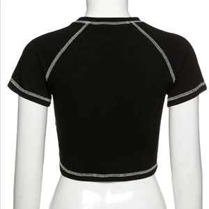 Top corto estampado con pantalla de color verde oliva para mujer, Top con adornos de contraste, camisetas recortadas - Product Image 6