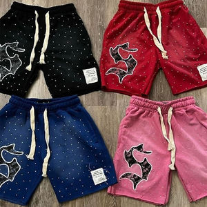 Short décontracté pour hommes avec perles en strass et logo brodé personnalisé OEM vente en gros design légèrement délavé - Product Image 5