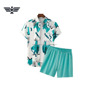 Conjunto de Camisa y Pantalones Cortos de Punto Ligero Personalizado para Hombre, Estampado Tropical de 220g, Estilo Casual de Playa para Verano, con Logotipo Frontal en Color - Product Image 6