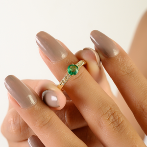 Latest New Design 5 MM Round Cut Emerald & Diamond Double Layer Band Ring Handmade 14K Yellow Gold Minimal Stackable Jewelry - Product Image 2