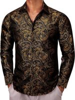 Kemeja Sutra Satin Pria Berkualitas Tinggi Mewah Anti-Kerut Motif Cetak Penuh Gaya High Street Ramah Lingkungan Atletis Kasual