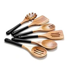 Juego de 6 Cucharas de Madera Natural con Mango Negro, Utensilios de Cocina Modernos y Ecológicos, Hechos a Mano en Vietnam, de Alta Calidad - Product Image 1