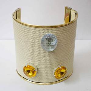 Luxury <b>Gold</b> Plated Copper Cuff <b>Bangle</b> With Elegant Textured Surface And Round Citrine Yellow Plus Clear Crystal Metal Craft - Product Image 3