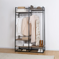 Porte-vêtements autoportant en acier inoxydable à 2 tringles, 4 étagères, noir, avec étagère de rangement suspendue et porte-cravates, robuste, gain de place, pour pantalons