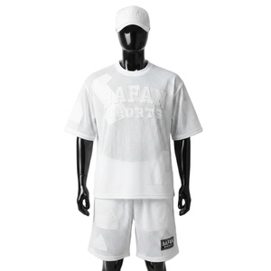 Men Mesh Short <b>Set</b> Premium 180 GSM Soft Polyester Mesh White Contrast Panels Custom Silicone Print Logo for men's <b>set</b> - Product Image 1