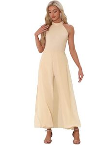 Combinaison élégante pour femme en tissu peigné, col licou, taille haute, longue, à manches longues, couleur unie, printemps-été, Nouvel An, décontractée - Product Image 1
