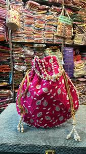 Designer Bottom Flat Ethnic Jaipuri Silk Indian Wedding Thread Work Leaf Vein Design on Silk <b>Potli</b> Wedding Favour Gift - Product Image 4