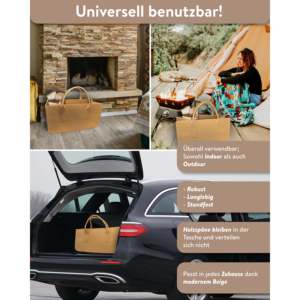 Sac de transport pour bois de chauffage en feutre beige, accessoire pratique pour les ensembles de cheminée - Product Image 4