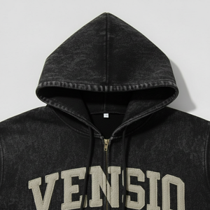 Sweat à capuche zippé vintage personnalisé, streetwear, poids lourd, 100% coton, hiver, broderie de strass, couture inversée, patch uni - Product Image 3