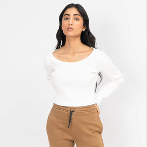 Top corto para mujer, camisas de talla grande para mujer, ropa de calle para mujer, Top corto de manga larga, camisetas personalizadas de algodón 100% para mujer - Product Image 1