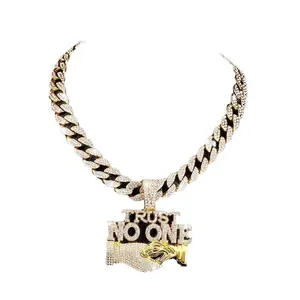 Collar con Colgante 'Trust No One', Estilo Hip Hop, Chapado en Rodio, Aleación de Zinc, Diamantes de Imitación Redondos, Cadena Miami Link, Joyería Unisex Brillante - Product Image 6
