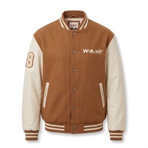 Veste universitaire en laine avec manches en cuir, patch numéroté en chenille, logo personnalisé, fabricant OEM, épaisse, unisexe, boutons pression - Product Image 1