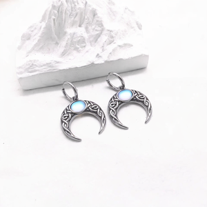 Stainless Steel Celtic Crescent Moon Hoop Earrings Gothic Viking Style Silver <strong>Jewelry</strong> with Blue <strong>Gem</strong> Unisex Witchcore Accessory - Product Image 3