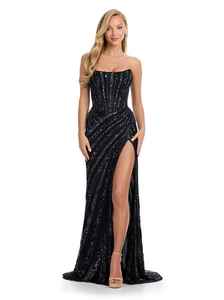 Robe de soirée élégante et luxueuse sans bretelles, longue jusqu'au sol, en crêpe brodée de perles, style A, pour les soirées - Product Image 5