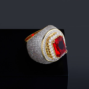 Iced Out anello Hip Hop placcato <span class=keywords><strong>oro</strong></span> zircone cubico grande anello di pietra rossa personalità gioielli di moda anelli uomo donna gioielli amante regalo - Product Image 3