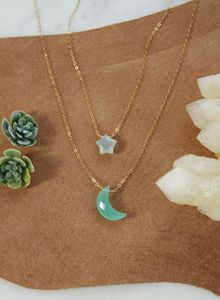 Ensemble de colliers de pierres précieuses à double couche avec lune et étoile Colliers à chaîne câblée Colliers pendentifs fins en argent plaqué or Boho faits à la main - Product Image 6