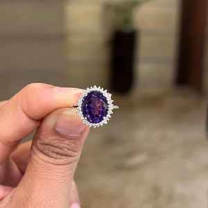 แหวนพลอยอเมทิสต์ธรรมชาติเพทายสีขาวขนนกพลอย925เงินสเตอร์ลิง14K ชุบทองเครื่องประดับสุดหรู - Product Image 1