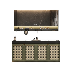 Muebles de trabajo de mimbre Mesa completa Gabinete de escritorio Panel Espejo Fregadero Grifo Cobre Comedor Baño Vanity Rock - Product Image 1