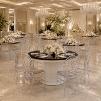 Transparenter Acryl-Kunststoff-Kristallharz-Stuhl und Edelstahl-Tisch für Hotel-Events, Partys, Hochzeiten und Bankette, für Innen- und Außenbereich