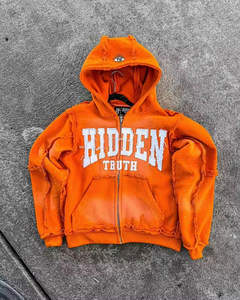 Sudadera con capucha lavada vintage, ropa de calle, jersey con cremallera lavado ácido de piedra, estampado de sol desteñido, parche bordado, Sudadera con capucha recortada para hombres - Product Image 6